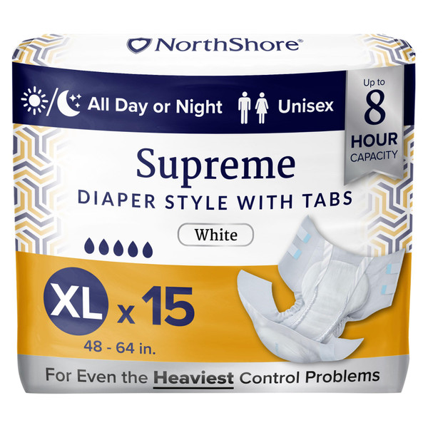 NorthShore Supreme 8-Hour HBL Adult Diapers, White, X-Large, 15 Count