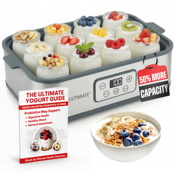 Ultimate Probiotic Yogurt Maker with Adjustable Time & Temperature Control - Make Trillions of Probiotics for Better Gut Health - Two 1-Quart Containers for Larger Batches - ULTIMATE LIFETIME WARRANTY