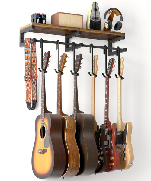 Keebofly Multiple Guitar Wall Mount Hangers with 6-Detachable Hooks & Rustic Shelf - Universal Fit for Acoustic, Electric, Bass Guitars & Ukulele (Brown)