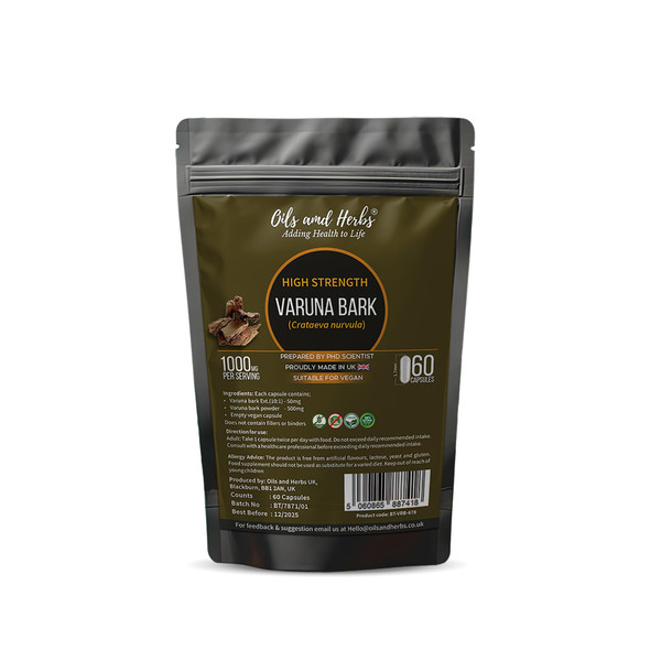 Oils and Herbs Adding Health to Life High Strength Varuna Bark Capsule- 1000MG- No fillers or Binders- Made in UK- Prepared by Phd Scientist