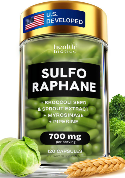 Healthbiotics Sulforaphane Supplement Organic Broccoli Sprouts | Stabilized Sulforaphane from Broccoli Florets & Seeds | Organic Sulfur Supplements 120 Pills | 1 Pack