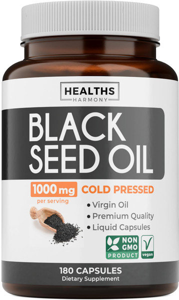 Black Seed Oil - 180 Softgel Capsules (Non-GMO & Vegan) Premium Cold-Pressed Nigella Sativa Producing Pure Black Cumin Seed Oil with Vitamin E - 500mg Each, 1000mg Per 2 Capsule Serving