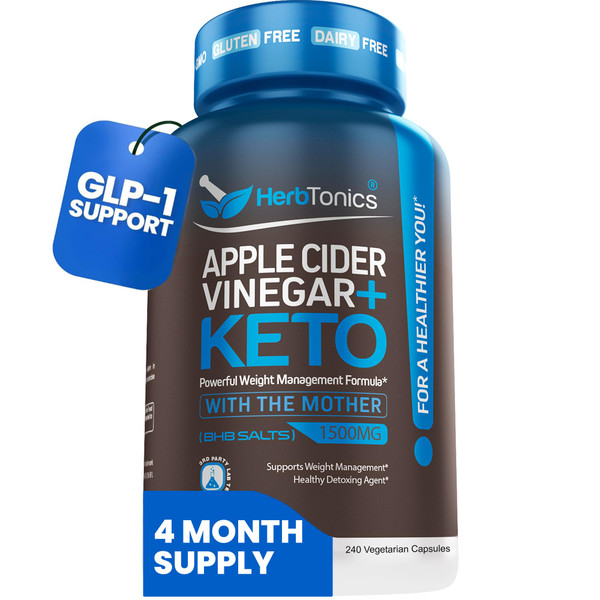 Herbtonics Apple Cider Vinegar + Keto BHB Capsules | GLP-1 Support for Appetite, Cravings & Weight Management | Metabolism Support with Satiety Support | 240 Capsules - 4 Month Supply