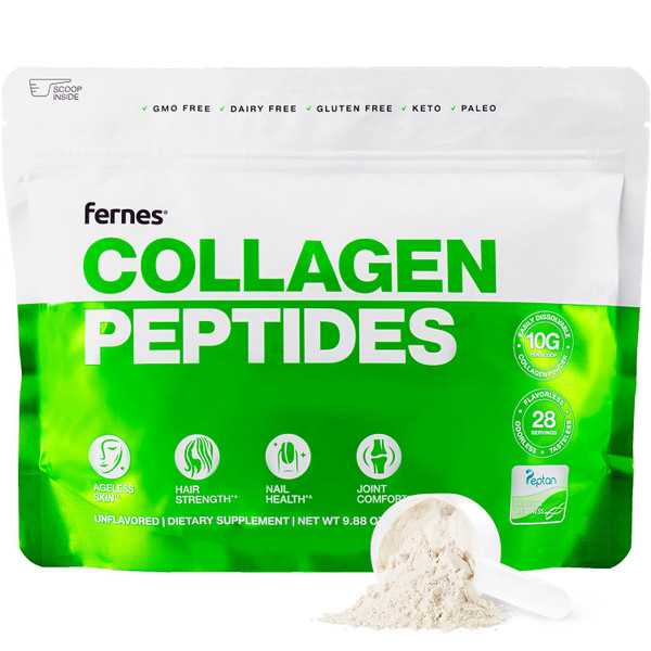 Fernes Hydrolyzed Collagen Peptides Supplement for Women & Men - Joint, Hair, Skin & Nails Support - Grass Fed Type I & III - Keto, Paleo - 28 Servings, 9.88 oz, Unflavored Powder