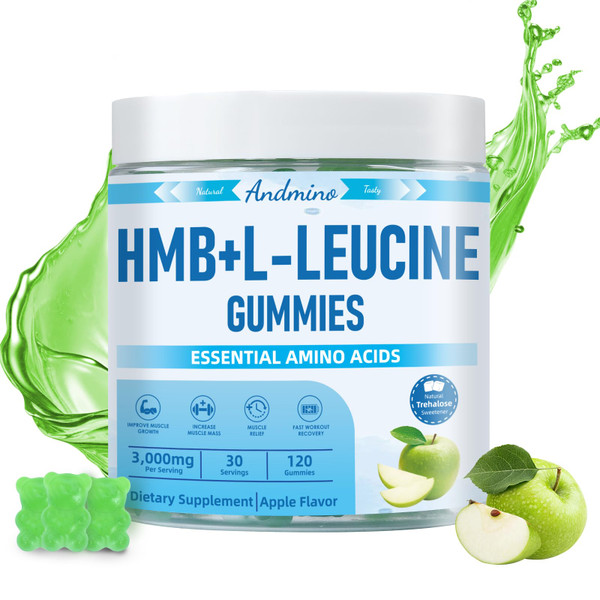 andmino HMB and L-Leucine Gummies, 3000mg, with Trehalose, for Muscle Growth, Muscle Relief and Workout Recovery, for Adults & Elder, Vegan, Gluten Free, Apple Flavor, 120