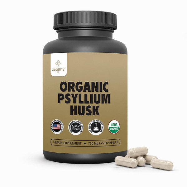 Organic Psyllium Husk Capsules 750 mg, Natural Fiber Supplement for Gut Health* - Alternative to Psyllium Husk Powder, Zealthy Life, 250 Capsules