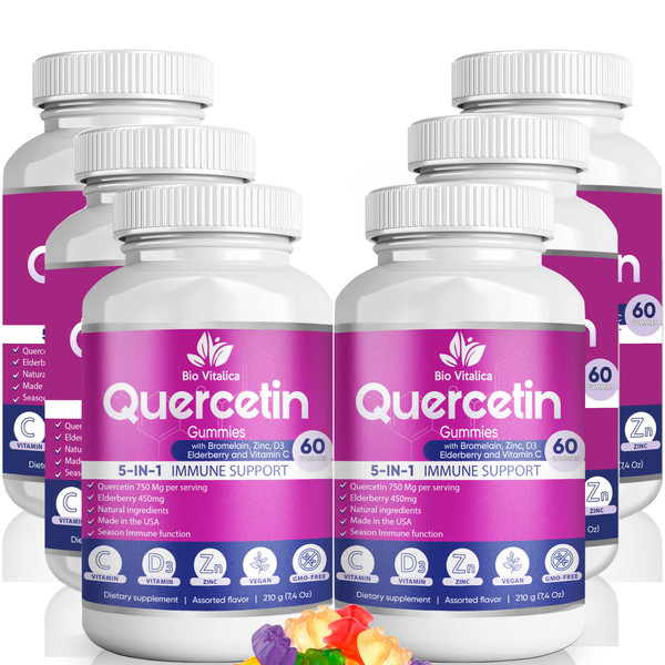 Quercetin Gummies by BioVitalica - Quercetin with Bromelain Vitamin C and Zinc & Elderberry + Vitamin D3-5 in 1 Immune Support - Zinc Quercetin 750 mg for Kids and Adult (6, Quercetin)