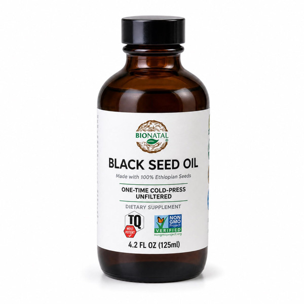 BioNatal Ethiopian Black Seed Oil 4.2oz Glass– Cold Pressed Nigella Sativa Producing Black Cumin Seed Oil, Unrefined & Non-Filtered, High TQ Up to 4.64% – Supports Immune System, Digestion & Joints