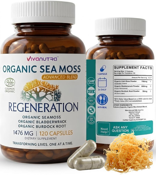 VIVANUTRA Organic Wildcrafted Sea Moss Capsules, 1476mg, Nova Scotia, 120ct