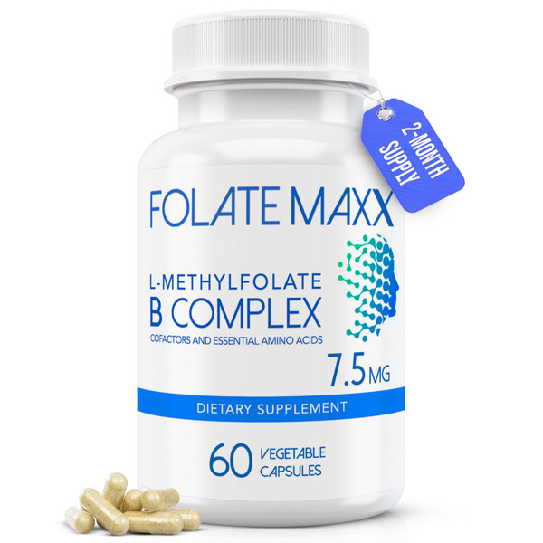 FOLATE MAXX L Methylfolate 7.5mg with Active Vitamin B Complex – 60 Capsules – High Potency 5-MTHF with B6 Blend and Methyl B12 Supplement – 3-in-1, Non-GMO, Gluten Free (2-Month Supply)