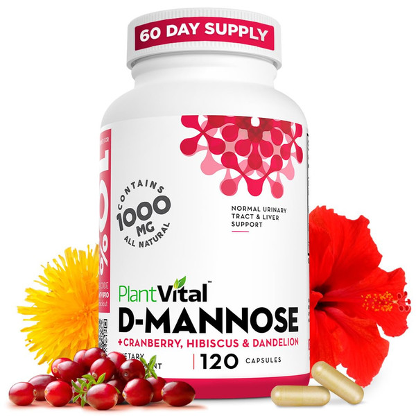 Plantvital D-Mannose Capsules 1000mg with Cranberry, Urinary Tract Support