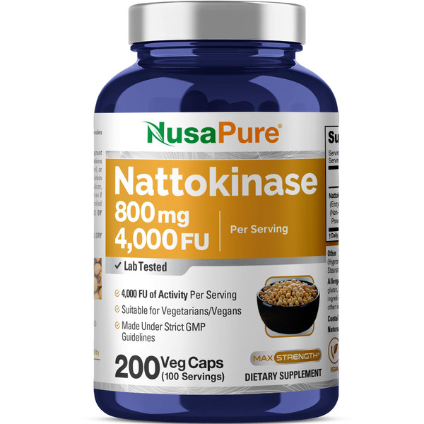Nattokinase 4000 FU, Non-GMO, Vegan 800mg, 200 Veg Capsules - 100 Servings