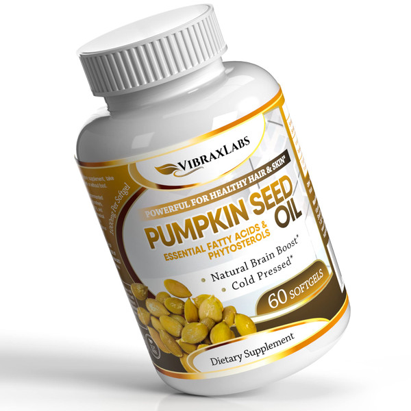 vibraxlabs Pumpkin Seed Oil - 100% Cold Pressed Pure 1000mg Extraction - Best for Hair Growth, Younger Looking Skin & Face, Bladder Control Supplement, 60 Softgels