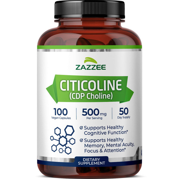 Zazzee Extra Strength Citicoline, 500 mg per Serving, 100 Vegan Capsules