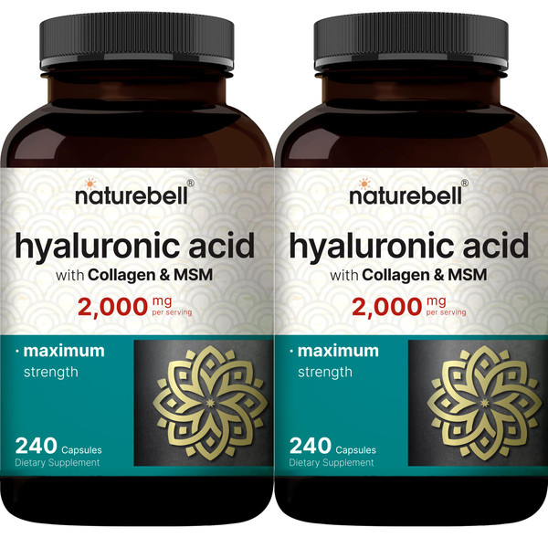 NatureBell 2 Pack Hyaluronic Acid Supplements 2,000 mg | 480 Total Capsules, with MSM & Hydrolyzed Bovine Collagen – 3 in 1 Support for Skin Hydration, Joint Lubrication, Hair, and Eye Health