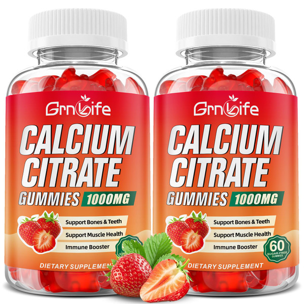 2 Pack Calcium Citrate Gummies, Sugar Free Calcium Citrate 1000mg for Muscle Healthy, Absorption Calcium Supplements for Adults & Kids, Strawberry, 120 Count