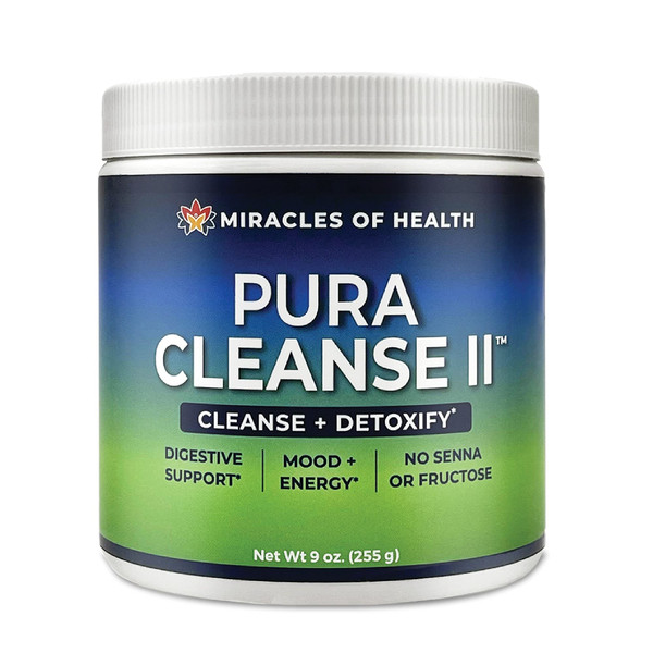 Miracles of Health Pura Cleanse II Super Herb & Fiber Detox Drink - Daily Cleanse for the Colon, Lungs, Skin, and Kidneys - Made with 34 Ingredients, Soluable and Insoluable Fiber - 45 Day Supply