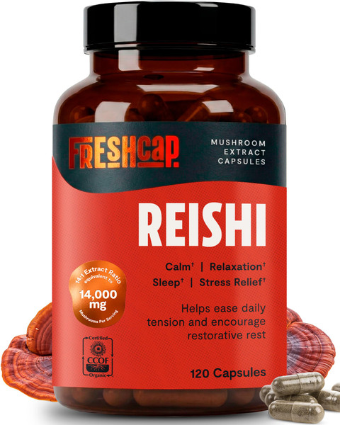 FreshCap Mushrooms Ayurvedic Premium Organic Reishi Capsules - 14:1 Fruiting Body Extract with 27% Beta-Glucans - 3rd-Party Tested Nootropic for Calm, Balance and Stress Support (120 Capsules)