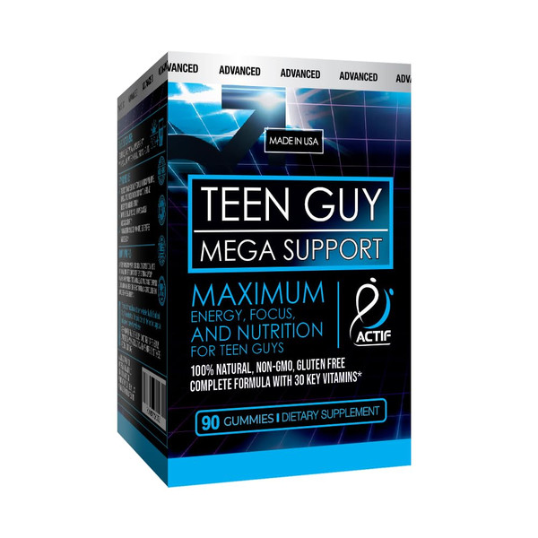 Actif Teen Guy Mega Support with 30 Organic Vitamins, Omega-3, Super Greens, Fruits, Vegetables – Energy and Memory Supplement for Teens, 90 Gummies