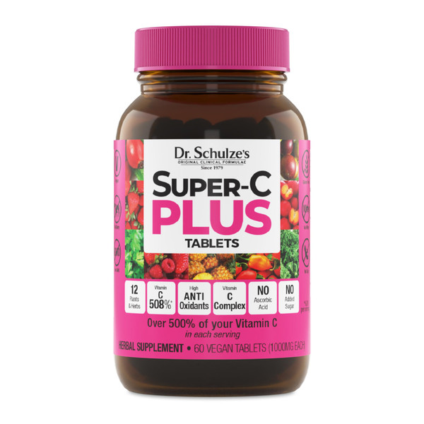 Dr. Schulze's Super-C Plus - Vitamin C Supplement for Immune Support - Skin Health & Antioxidant Support - High-Potency Formula - Plant-Based Superfood - Gluten-Free & Vegan - 60 Count (20 Servings)