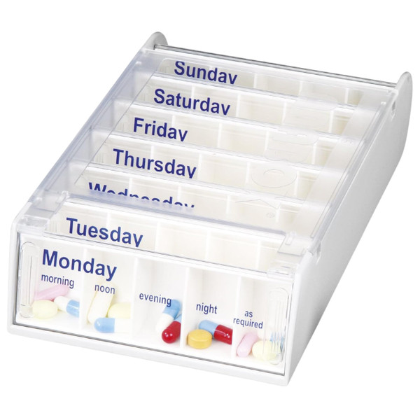 Anabox Weekly Pill Organiser, 7 Day Pill Box, Handy Organised Tablet Dispenser/Container, White, 19 x 12 x 5.4 cm