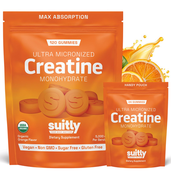 Suitly Creatine Gummies | 5g Ultra-Micronized Creatine Monohydrate | Made with Certified Organic Ingredients | Vegan, Sugar Free, Non GMO & Gluten Free | 120 Gummies | Organic Orange Flavor