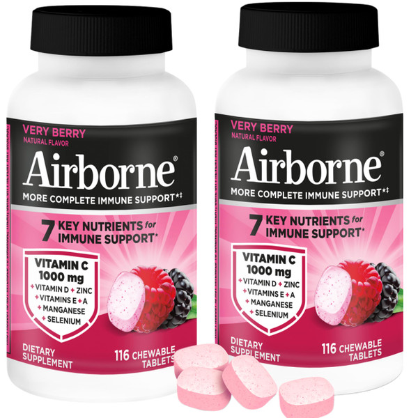 Airborne 1000mg Vitamin C + Zinc Immune Support Supplement Chewable Tablets Powerful Antioxidants Vitamins A C & E, 116 Chewable Tablets, Very Berry Flavor (2 Pack)