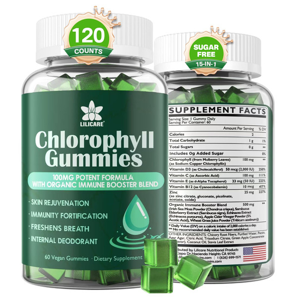 Chlorophyll Gummies for Women Men, Super Green w/ Sea Moss,Elderberry,2Pack