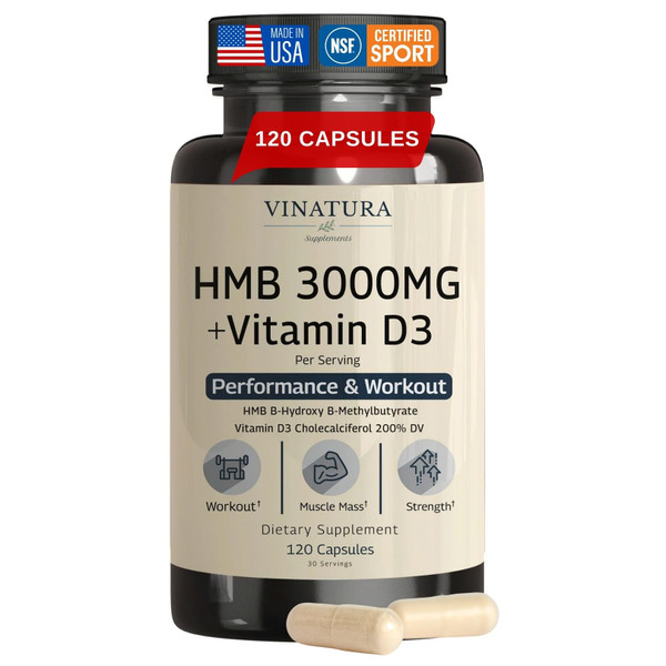 VINATURA HMB 3000mg and Vitamin D3 Supplement - Muscle Defense with HMB (Beta-Hydroxy Beta-Methylbutyrate), Vitamin D3 (1600 IU), Labs Tested & NSF Certified for Sport - 120 Capsules