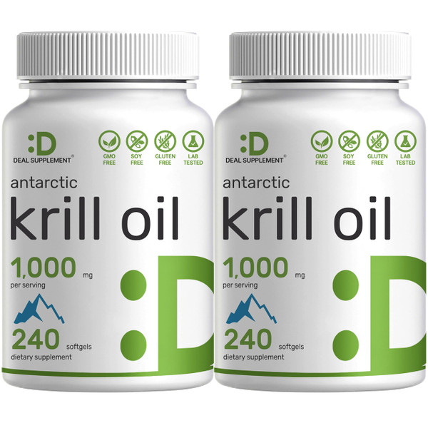 DEAL SUPPLEMENT 2 Pack Antarctic Krill Oil, 1,000mg Per Serving, 480 Softgels – Mercury Free, No Fishy Taste – Rich in Omega-3s, EPA, DHA, Astaxanthin, & Phospholipids – Non-GMO, No Gluten