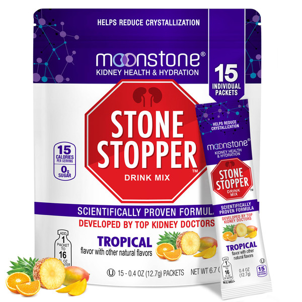 Moonstone Stone Stopper Drink Mix, Tropical, Kidney Stone Prevention, Calcium Oxalate Protector, Developed by Urologists to Improve Hydration and Support Kidney Health, 15 Day Supply