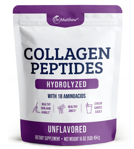 Dr. Matthew Hydrolyzed Collagen Peptides Powder - Unflavored & Grass Fed Protein Supplement for Hair, Skin, Joints - Non-GMO, Keto-Friendly, Type 1 and 3, for Women and Men