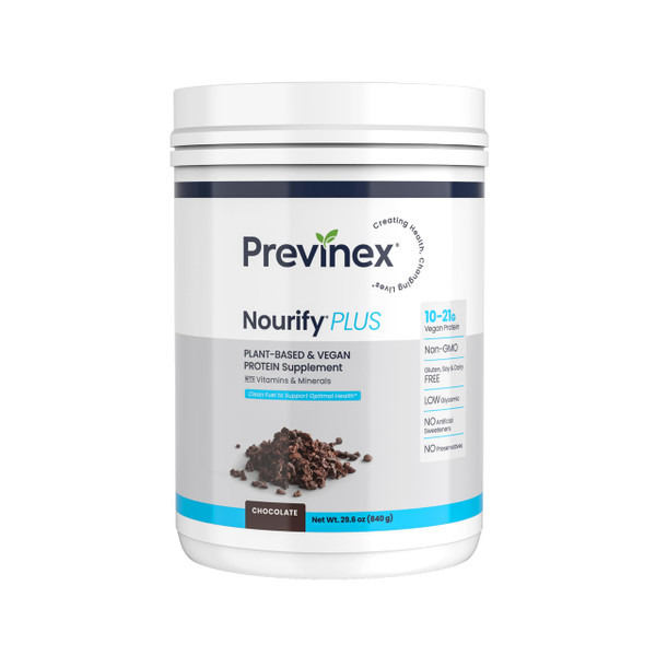 Previnex Nourify Plus Plant-Based Protein Shake - All Natural Vegan Protein Powder, High Protein & Low Sugar, Gluten Free, Soy Free & Dairy Free, Chocolate Protein Powder (29.3 oz)