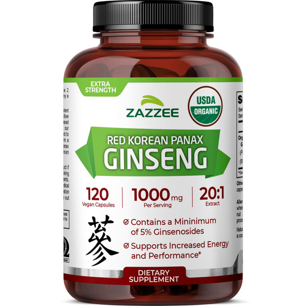 Zazzee USDA Organic Red Korean Panax Ginseng 20:1 Extract, 120 Capsules