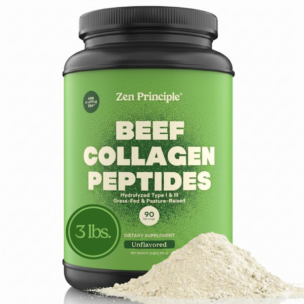Zen Principle Grass-Fed Agglomerated Hydrolyzed Collagen Peptides 3 lb. Anti-Aging Protein for Healthy Hair, Skin & Joints. Paleo Friendly, GMO and Gluten Free, Pasture-Raised Bovine.