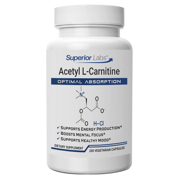 Superior Labs Acetyl L-Carnitine 500 mg, High Potency ALCAR, Pure Non-GMO, Zero Synthetic Additives, Maximum Absorption, Energy & Fat Metabolism, Brain, Nerve & Cellular Detox Support, (200 Veg Caps)