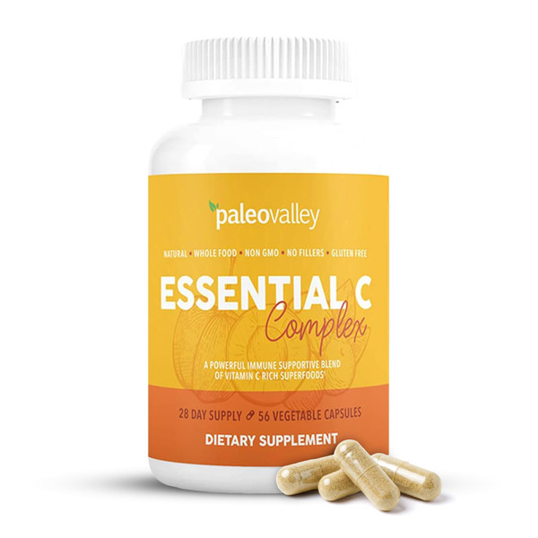 Paleovalley Essential C Complex, Whole Food Vitamin C Supplement, Organic Acerola Cherry, Camu Camu, Amla Berry, No Synthetic Ascorbic Acid, Immune Support Capsules, 450mg- Made in the USA