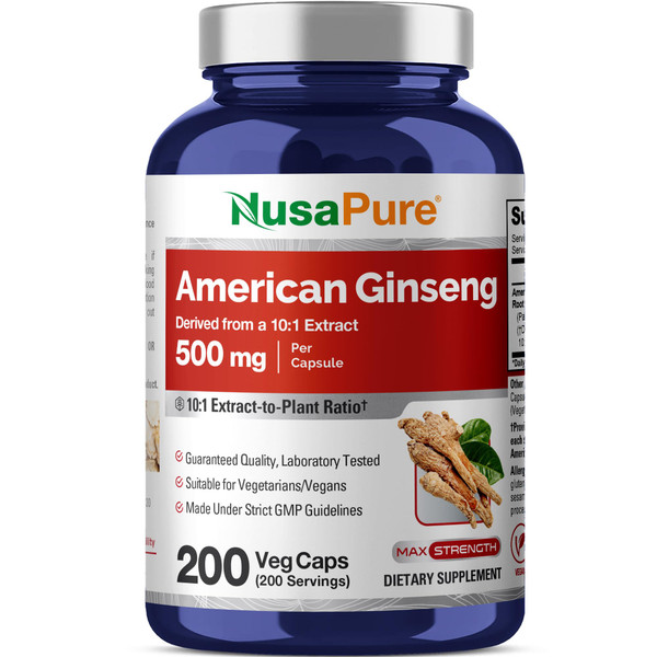 American Ginseng, Non-GMO, Vegan, 500mg, 200 Veg Capsules - 200 Servings