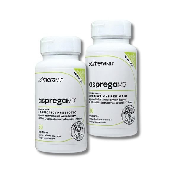ScimeraMD® Asprega Probiotic + Prebiotic Supplement, 35 Billion CFUs for Digestive, Gut & Immune Health, Supports Bloating, Gas & Regularity, Daily Capsules for Women & Men, 30 CT (2 Pack)