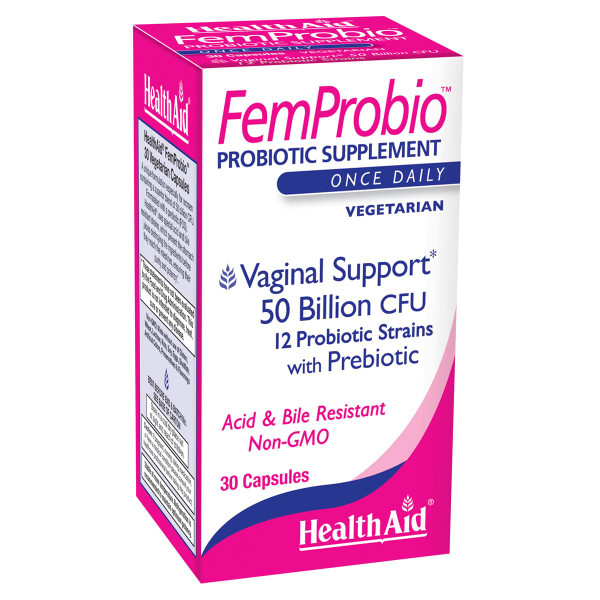 HealthAid FemProbio – Once-Daily Probiotic with Prebiotic Fiber | 50 Billion CFU | 30 Vegetarian Capsules | Acid & Bile Resistant, Lactose, Gluten & GMO-Free