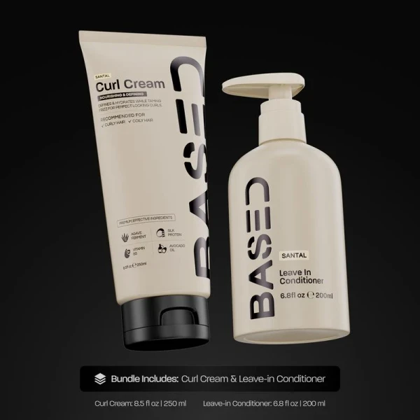 BASED Curly Duo: Premium Non-Toxic Curl Cream & Leave-In Conditioner Bundle - Defines Curls, Controls Frizz, Medium Hold with Agave & Silk Protein, Instant Hydration & Nourishment, No Harmful Chemicals