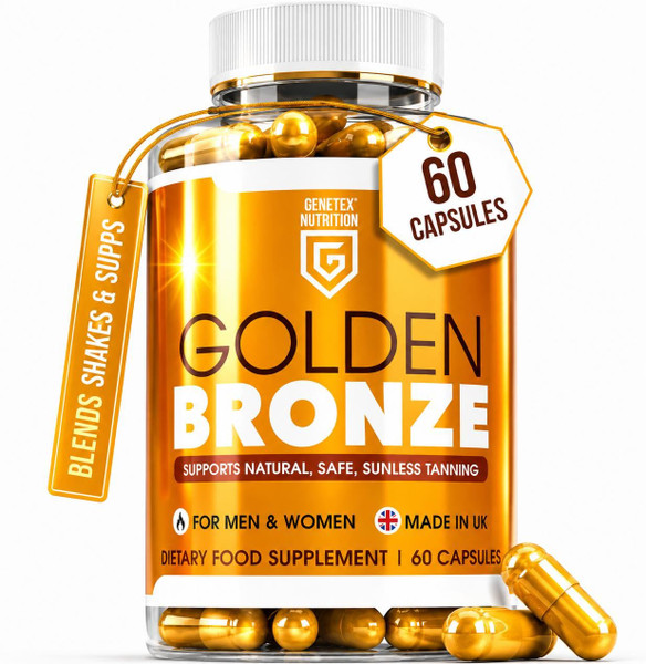 Golden Bronze Tanning Pills Supplement x 60 Capsules, Sunless & Safe Tan Melanin Accelerator Capsules, Tanning Pills for Healthy Natural Tan - Made in UK