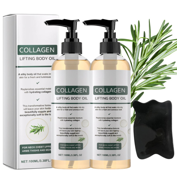 Guegine 2PCS Collagen Lifting Body Oil,Firming Body Oil,Comes with 1pc Black Massage Scraping Board,Massage Oils for Wrinkles and Stretch Marks,After Bath Skin Care and Wrinkle Skin Soothing（100ml）