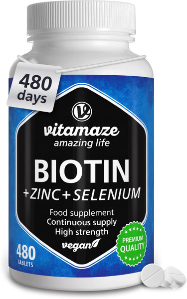 Biotin Hair Growth 480 Tablets (+1 Year Supply) with Selenium + Zinc. Biotin 10.000mcg for Hair Growth, Skin and Nails Nourishment, Vegan Small Tablets, German Quality, Vitamaze®