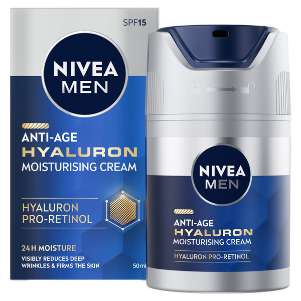 NIVEA MEN Anti-Age Hyaluron SPF15 Moisturising Face Cream (50ml), Anti Wrinkle Face Cream with Hyaluronic Acid and Pro-Retinol, Men's Moisturiser Visibly Reduces Deep Wrinkles and Firms Skin