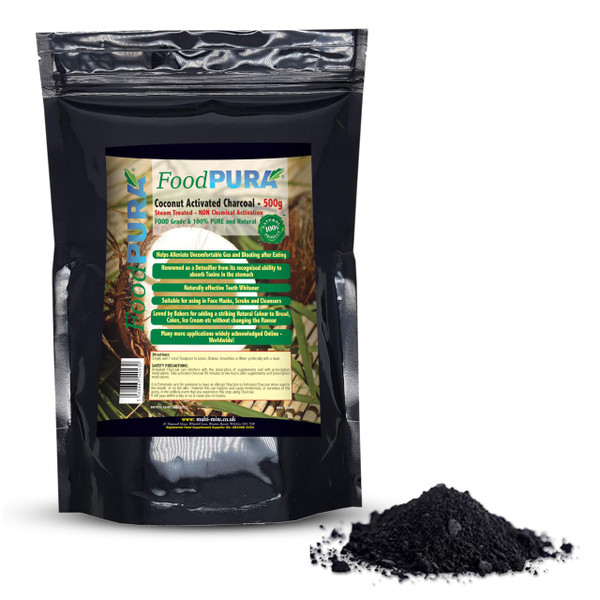 FoodPURA 500g Coconut Activated Charcoal Powder – 100% Pure Food Grade Coconut Charcoal – Ultra Fine Steam Activated Powder for Teeth Whitening, Face Masks, Detox, Smoothies & Beauty Use – Vegan