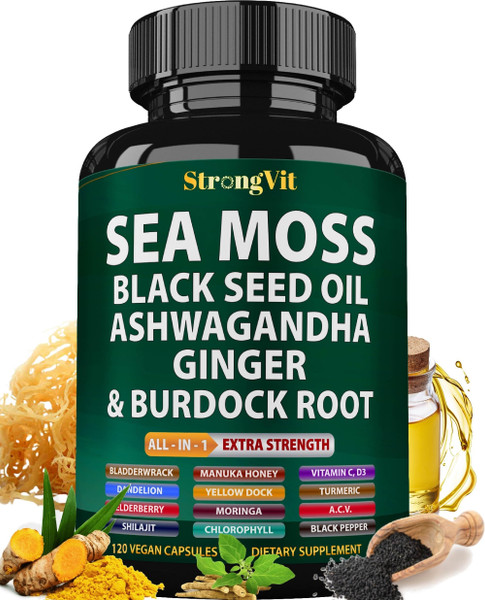Sea Moss Black Seed Oil Ashwagandha Ginger, Organic Seamoss - 120 Capsules