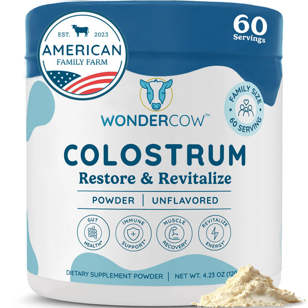WONDERCOW Colostrum Supplement Powder for Gut Health, Immune Support & Wellness | Natural IgG Pure Whole Bovine Colostrum Superfood, Unflavored, 60 Servings