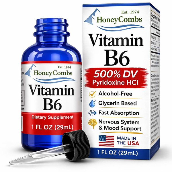 HoneyCombs Vitamin B6 Liquid Drops, Pyridoxine HCl Supplement, 1oz