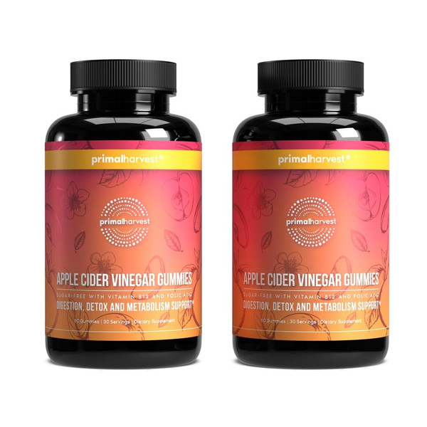 Primal Harvest 2 Pack, ACV Gummies, Sugar Free Apple Cider Gummies Beetroot and Pomegranate to Support Immunity, Digestion and Detox 750 MG (120 Count)